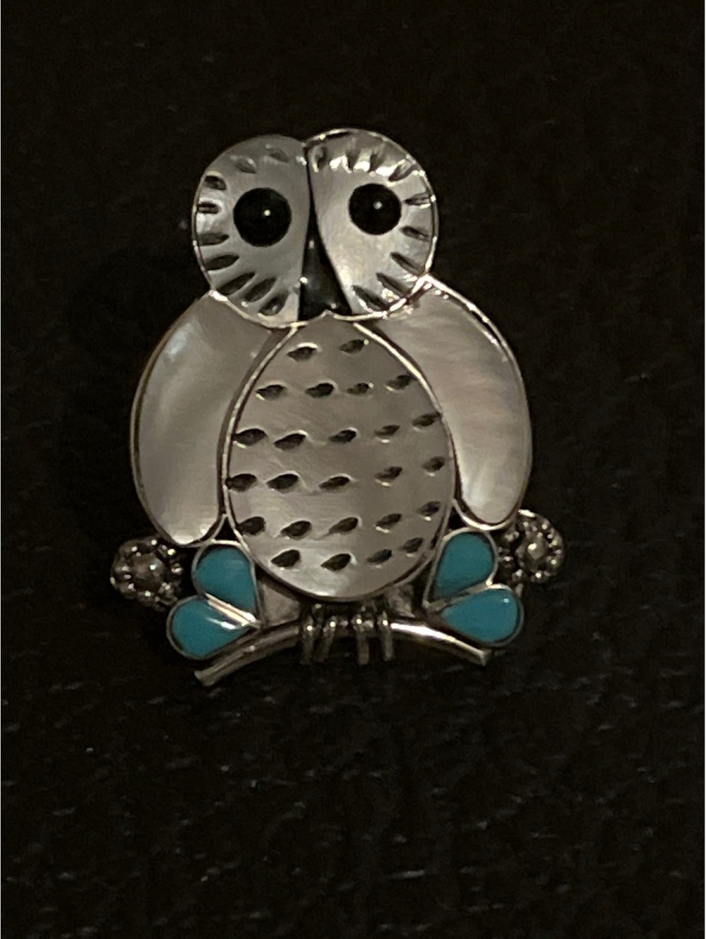 Zuni handmade turquoise owl inlay sterling silver cluster ring size 7.5